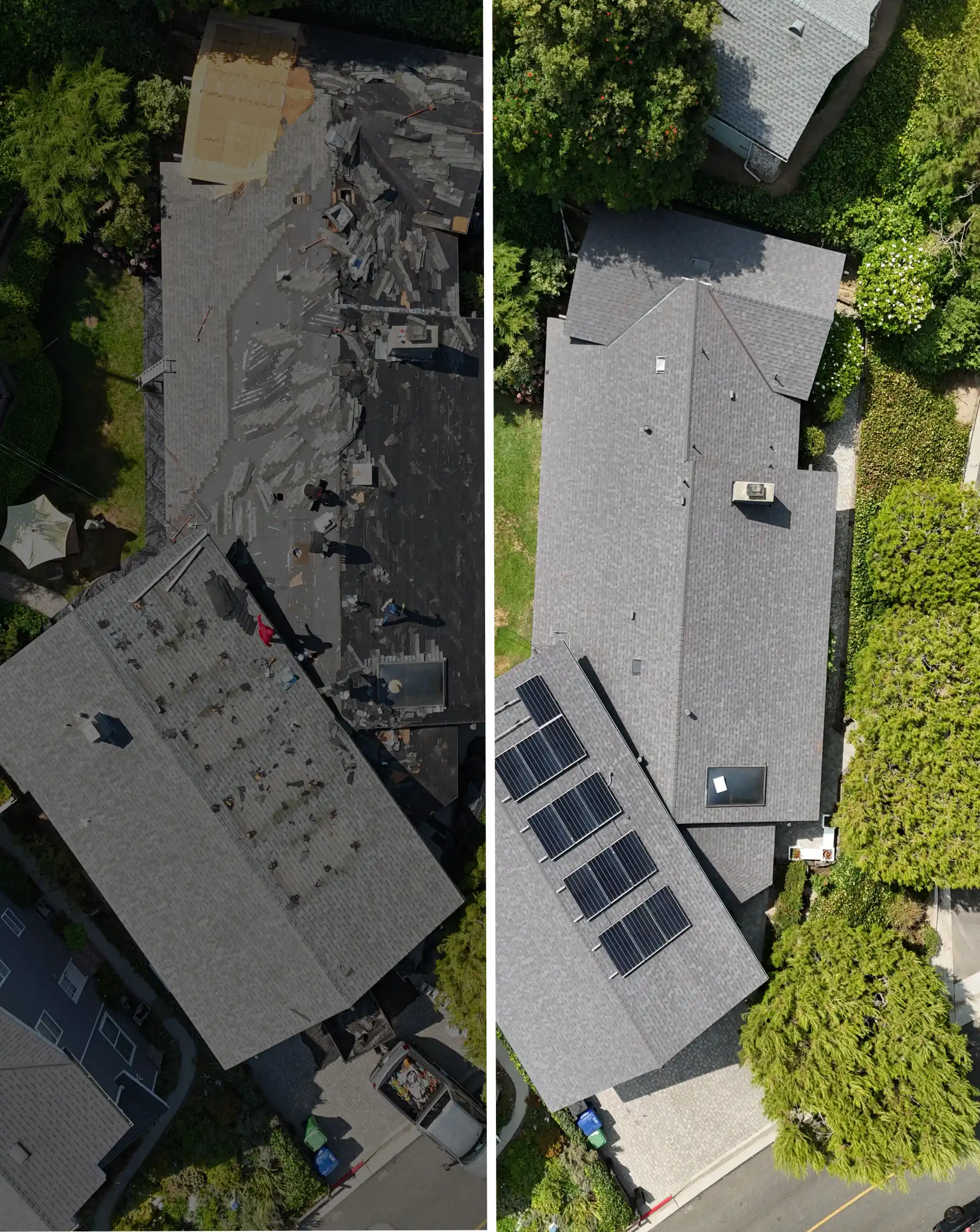Before and after aerial view of a roof repair showcasing old asphalt shingles being replaced with new shingles, featuring solar panels and a well-maintained landscape.