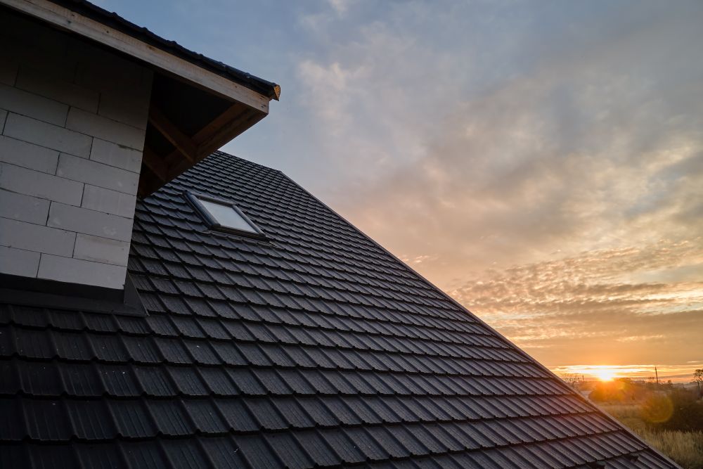 Roof with black shingles and skylight at sunset, highlighting potential tree debris and maintenance concerns for homeowners in Simi Valley.