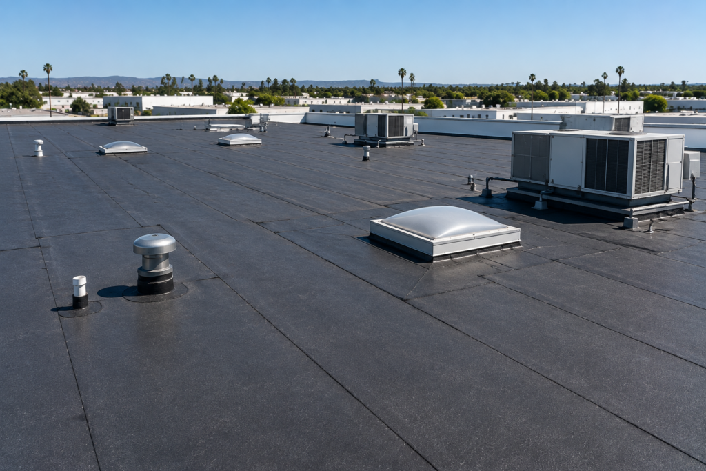 Flat commercial roof with skylights
