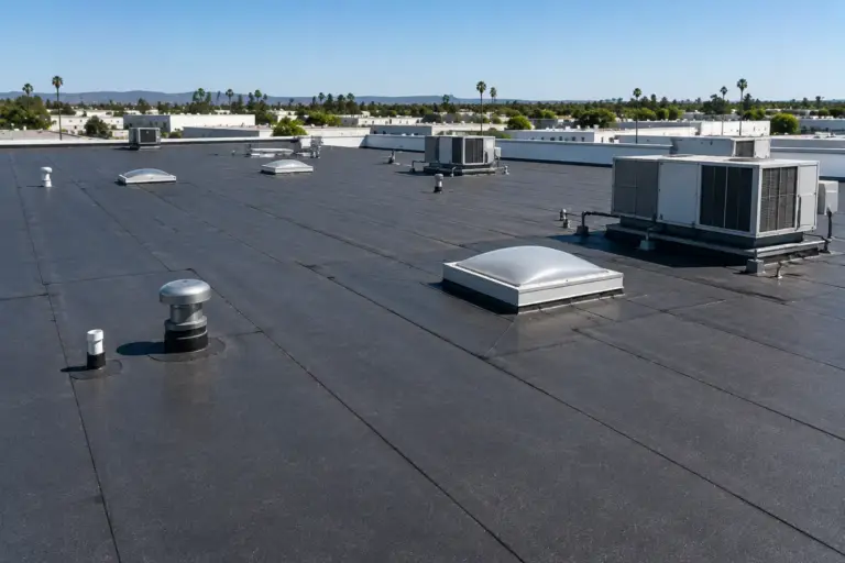 Flat commercial roof with skylights