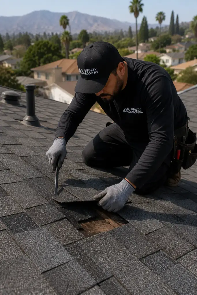 Infinity Roofers roofer replacing damaged shingles during a roof repair