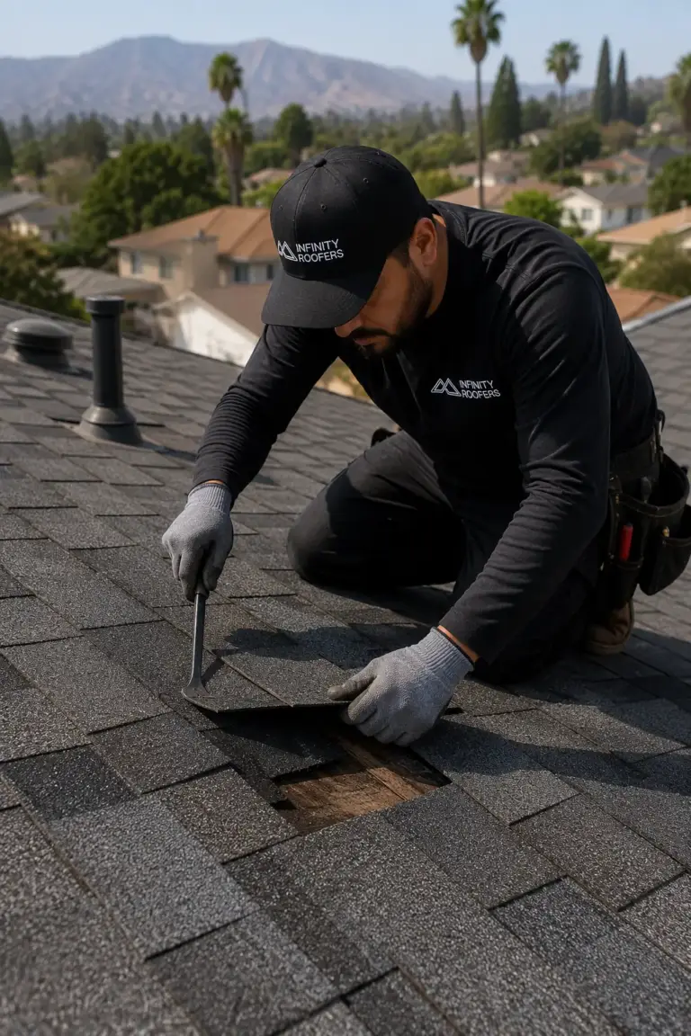 Infinity Roofers roofer replacing damaged shingles during a roof repair