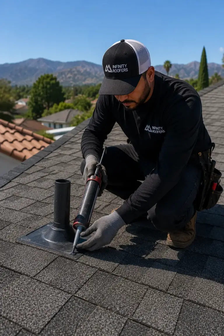 Roof Replacement Infinity Roofers roofer sealing a vent pipe flashing on a shingle roof