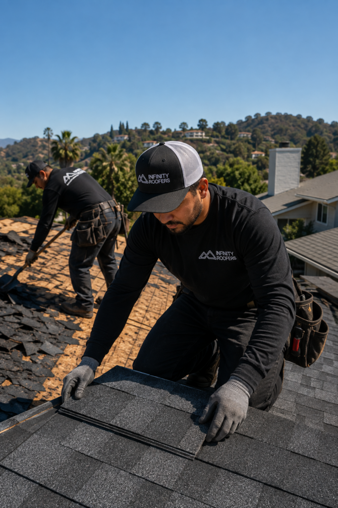 Infinity Roofers roofers installing new shingles during a roof replacement