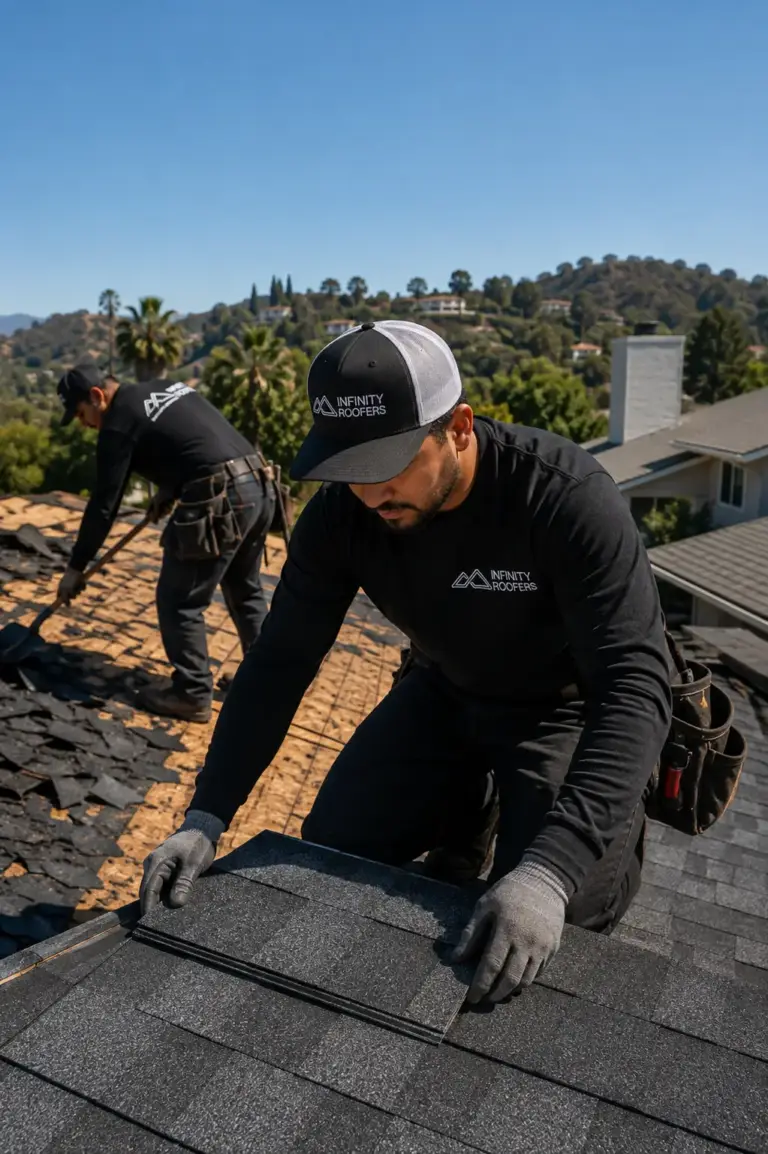 Roof Replacement Infinity Roofers roofers installing new shingles during a roof replacement