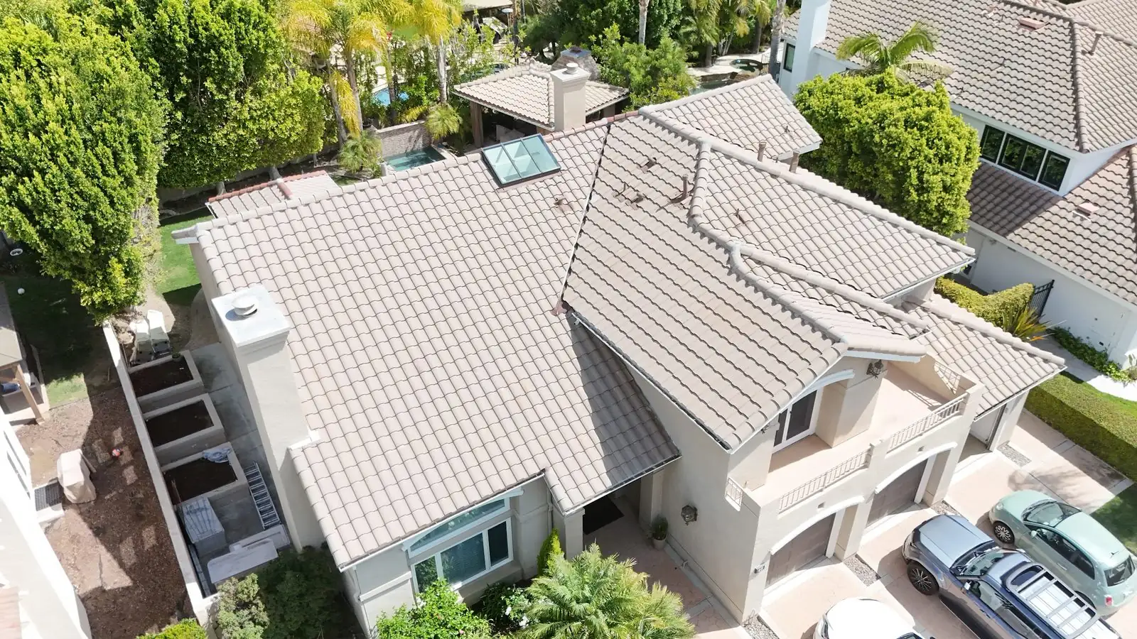 Aerial view of a concrete tile roof on a Simi Valley home, from an Infinity Roofers job