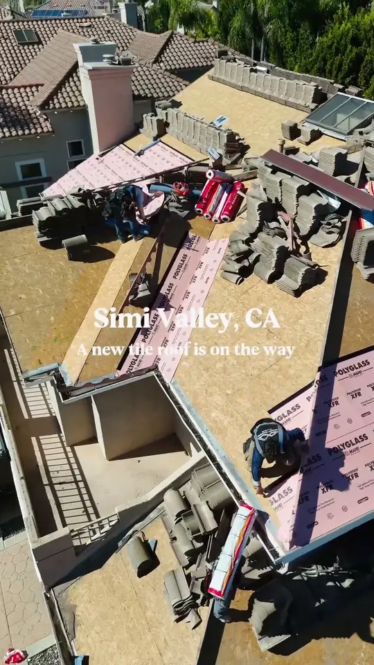 Drone view of a tile reroof in progress in Simi Valley