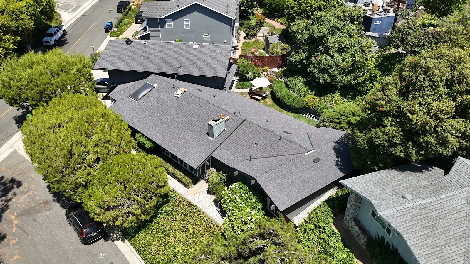 Finished shingle roof seen from a drone, an Infinity Roofers job